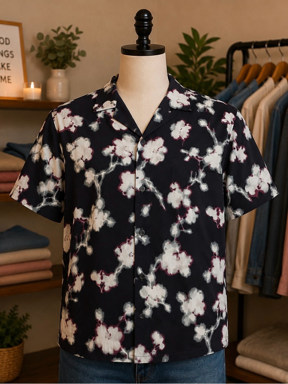 Express Men’s XL Black Short-Sleeve Floral Black White Shirt